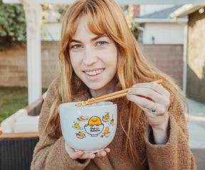 Sanrio Gudetama x Nissin Top Ramen Yolk Poses 20-Ounce Ramen Bowl With Chopsticks